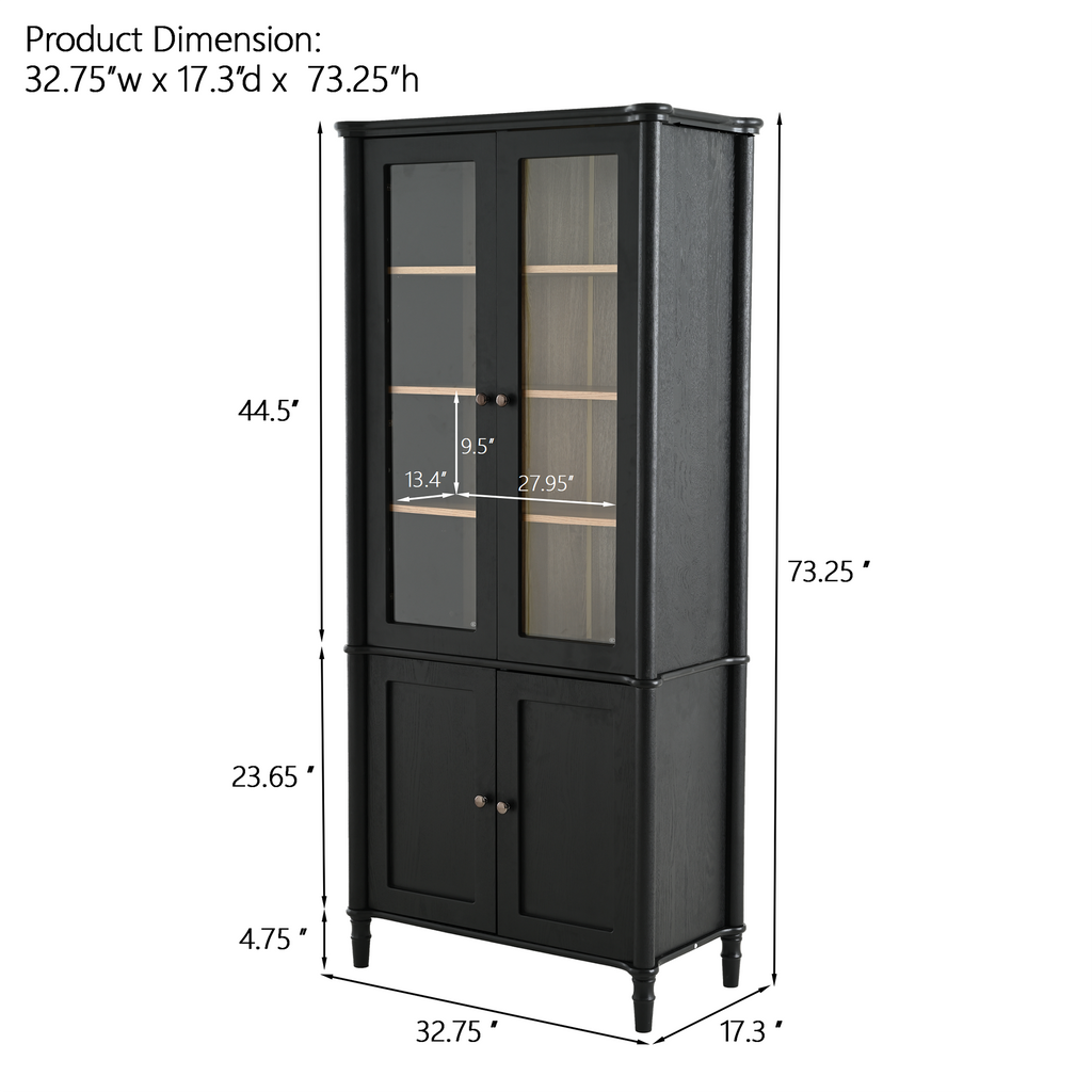 73.25'' Tall Vintage Display Cabinet with Double Glass Doors, Traditional Style China Cabinet Curio Cabinet for Collectibles for Hallways Living Room, Kitchen, Home, Studio or Workspace - Black - Groovy Boardz