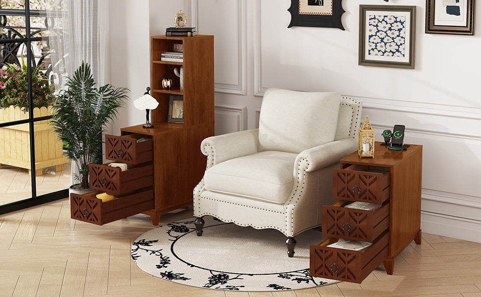 End Table with 3 Drawers, Corner Table with 2 Open Shelves, Tall Side Table for Bedroom and Corner, Walnut,Expect Arrival Date (2025/5/27)