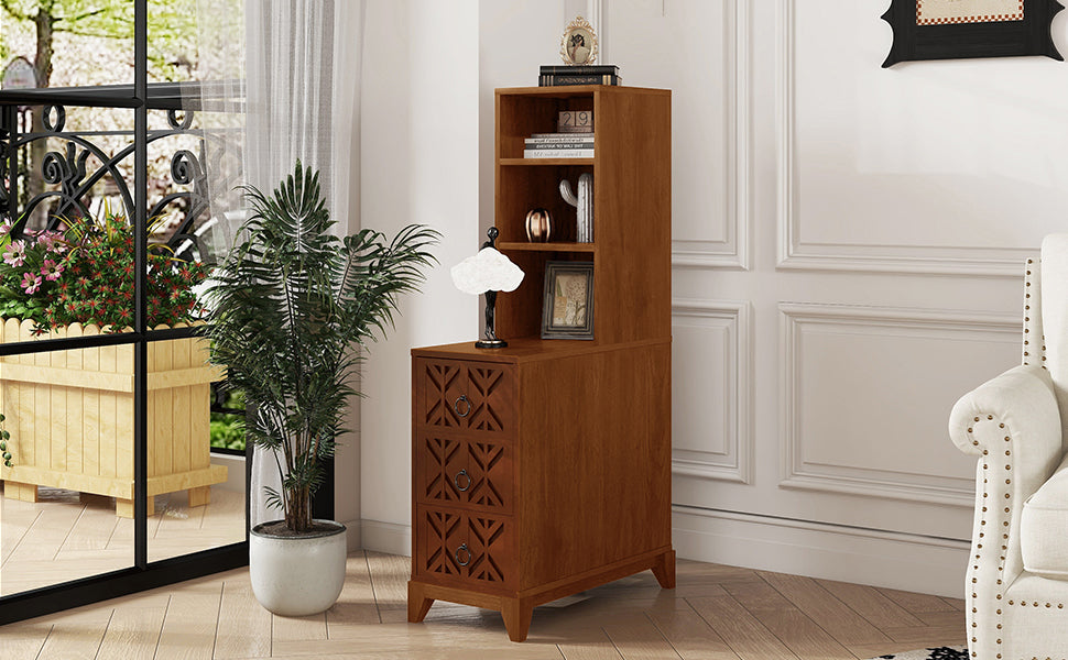 End Table with 3 Drawers, Corner Table with 2 Open Shelves, Tall Side Table for Bedroom and Corner, Walnut,Expect Arrival Date (2025/5/27)