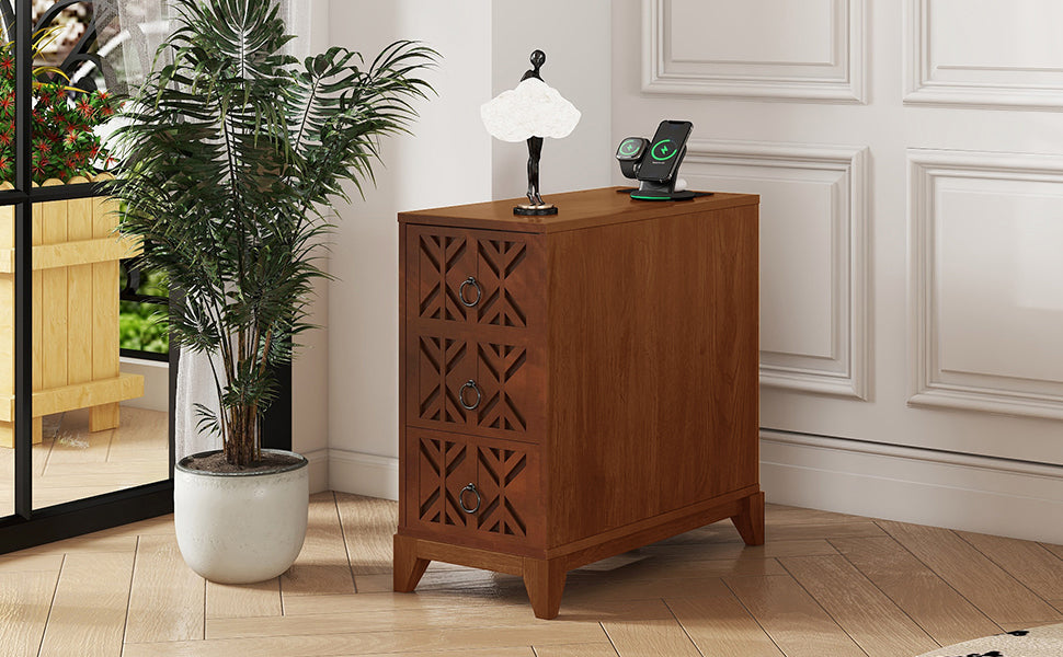 End Table with 3 Drawers, Corner Table with 2 Open Shelves, Tall Side Table for Bedroom and Corner, Walnut,Expect Arrival Date (2025/5/27)