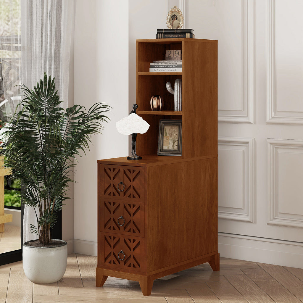 End Table with 3 Drawers, Corner Table with 2 Open Shelves, Tall Side Table for Bedroom and Corner, Walnut,Expect Arrival Date (2025/5/27)