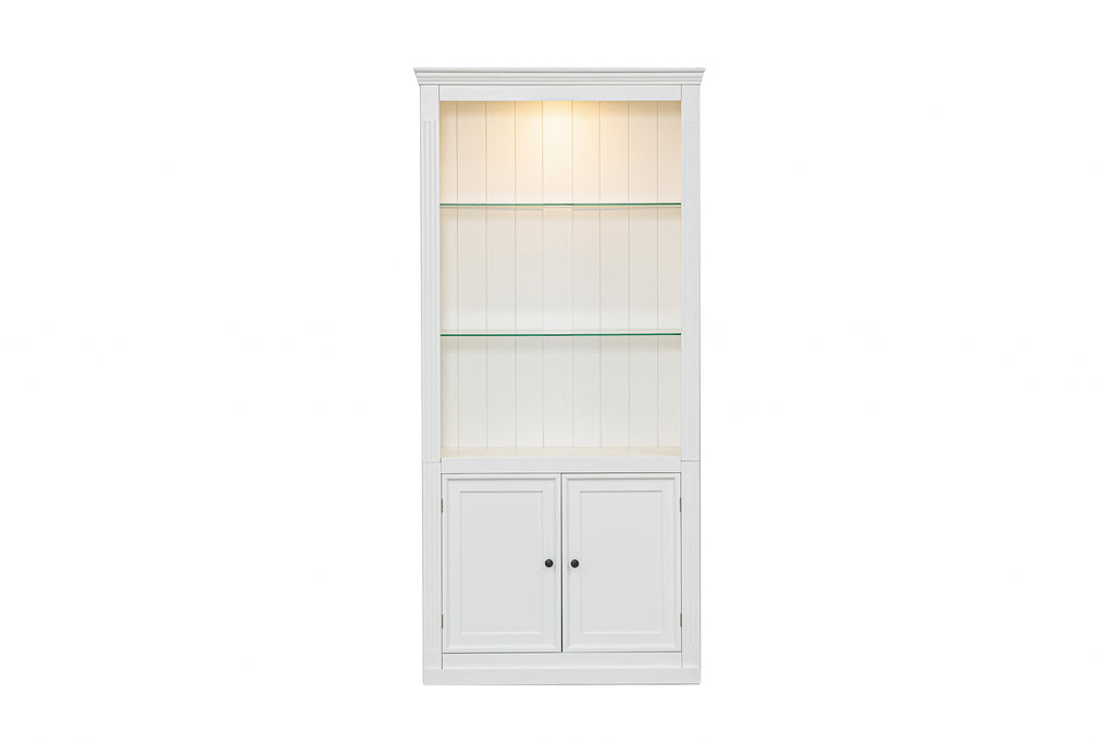 78.75'' Tall Display Shelves with 5 Colors Adjustable LED Ceiling Light, Retro-style Bookcases with Tempered Glass Shelves for Living Room, Home, Office, Studio or Workspace, White