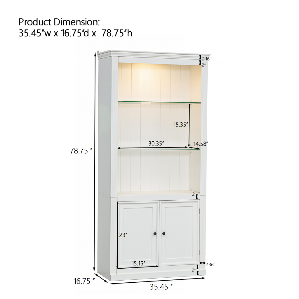 78.75'' Tall Display Shelves with 5 Colors Adjustable LED Ceiling Light, Retro-style Bookcases with Tempered Glass Shelves for Living Room, Home, Office, Studio or Workspace, White