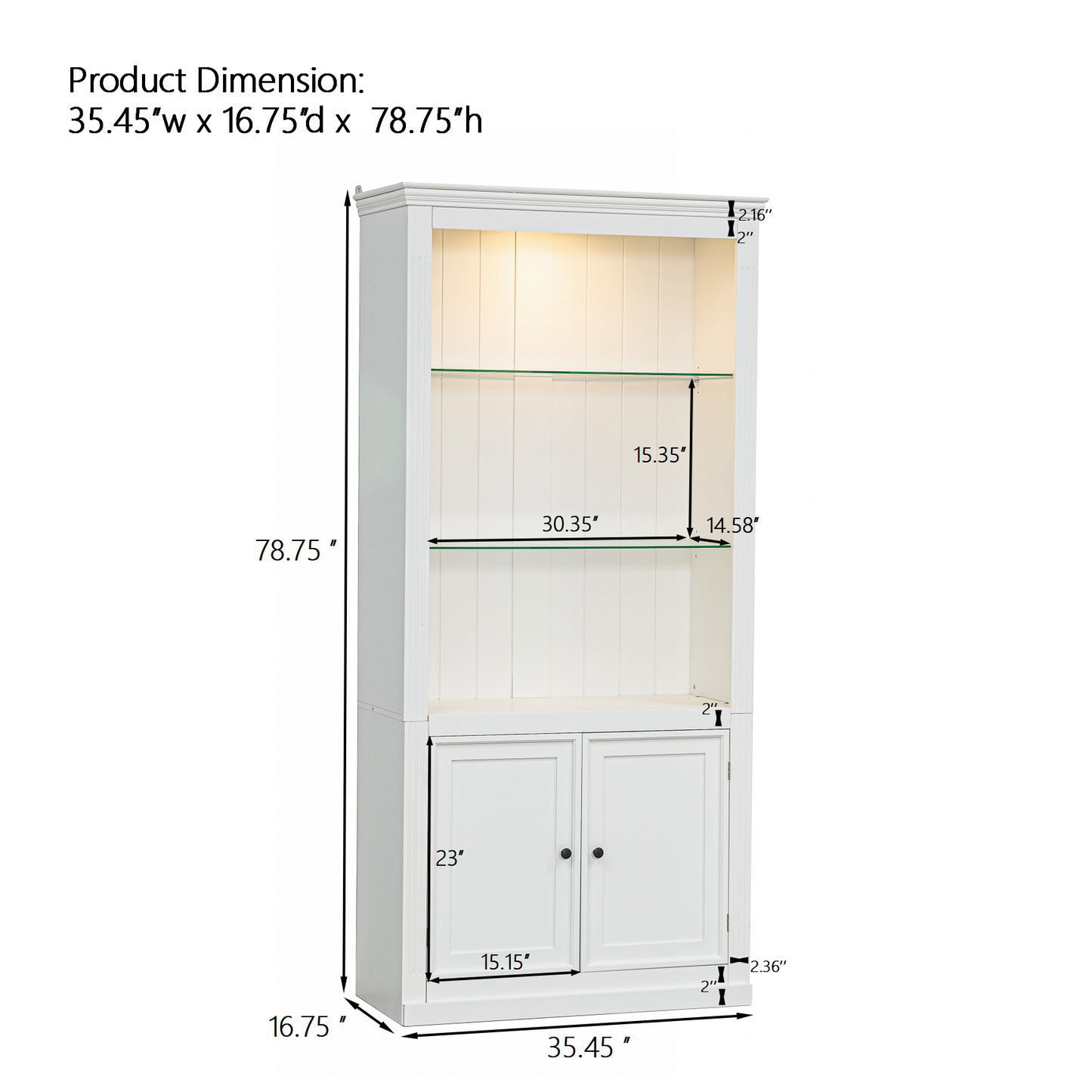 78.75'' Tall Display Shelves with 5 Colors Adjustable LED Ceiling Light, Retro-style Bookcases with Tempered Glass Shelves for Living Room, Home, Office, Studio or Workspace, White