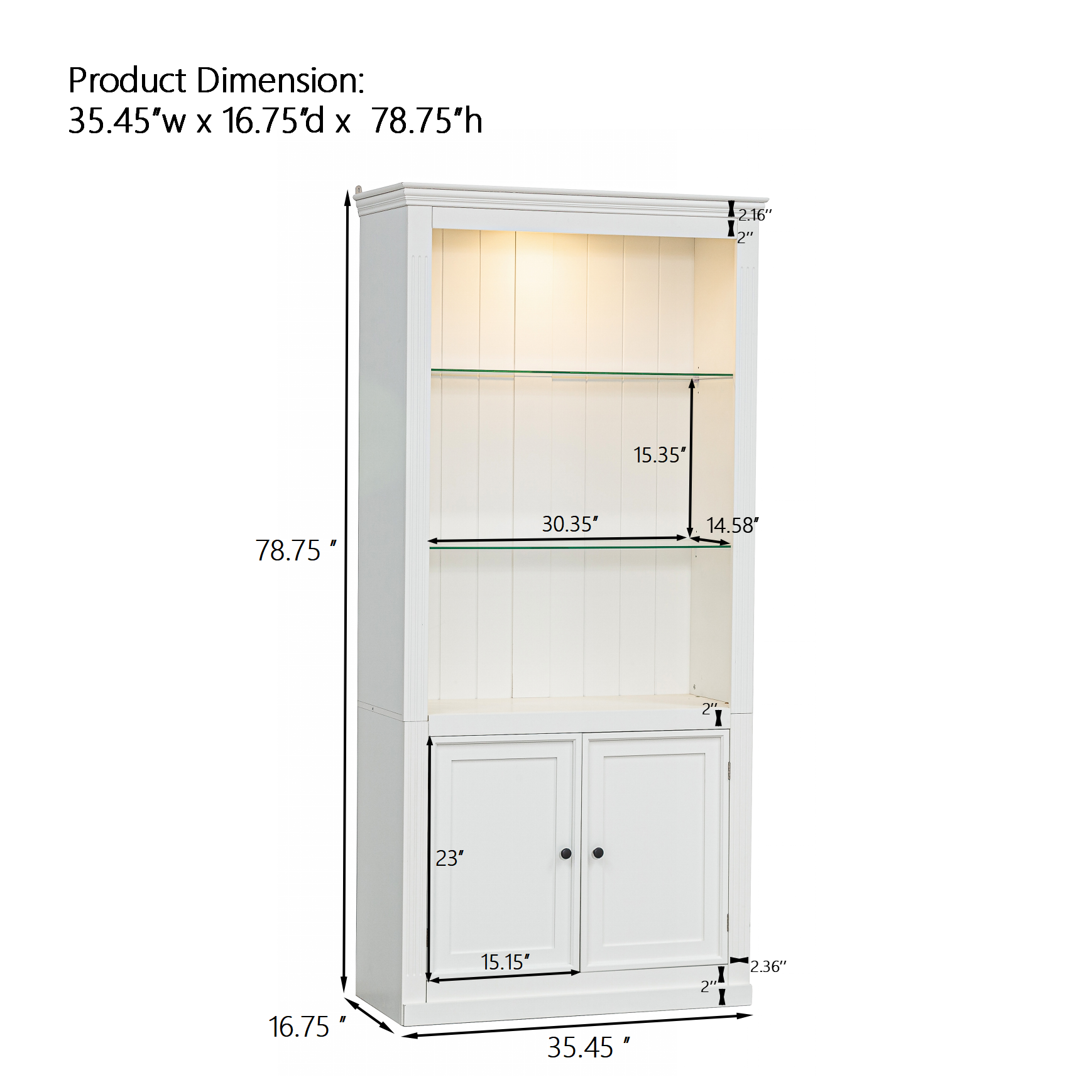 78.75'' Tall Display Shelves with 5 Colors Adjustable LED Ceiling Light, Retro-style Bookcases with Tempered Glass Shelves for Living Room, Home, Office, Studio or Workspace, White