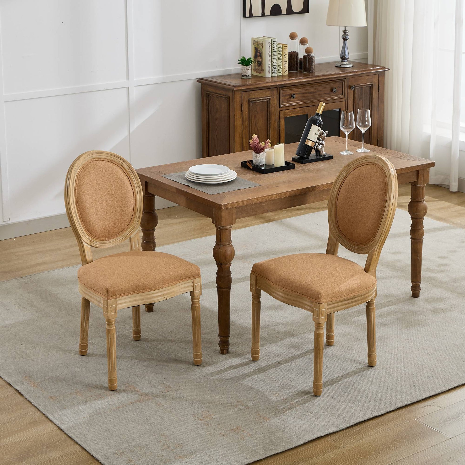 A&A Furniture,French Style Solid Wood Frame Antique Painting Linen Fabric Back Dining Chair,Set of 2,Tan,SW1845BG