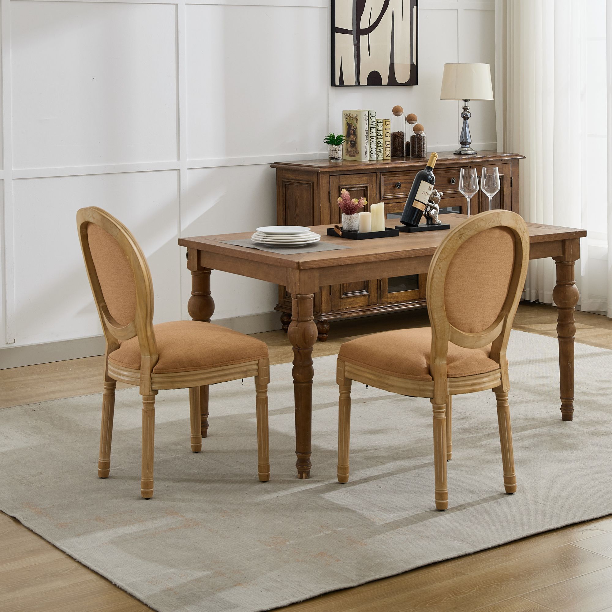 A&A Furniture,French Style Solid Wood Frame Antique Painting Linen Fabric Back Dining Chair,Set of 2,Tan,SW1845BG