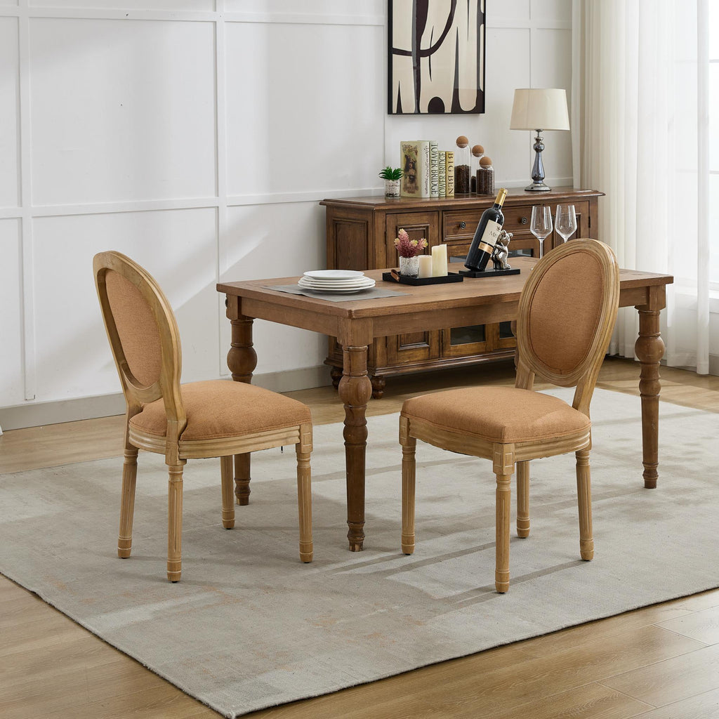 A&A Furniture,French Style Solid Wood Frame Antique Painting Linen Fabric Back Dining Chair,Set of 2,Tan,SW1845BG