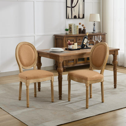 A&A Furniture,French Style Solid Wood Frame Antique Painting Linen Fabric Back Dining Chair,Set of 2,Tan,SW1845BG