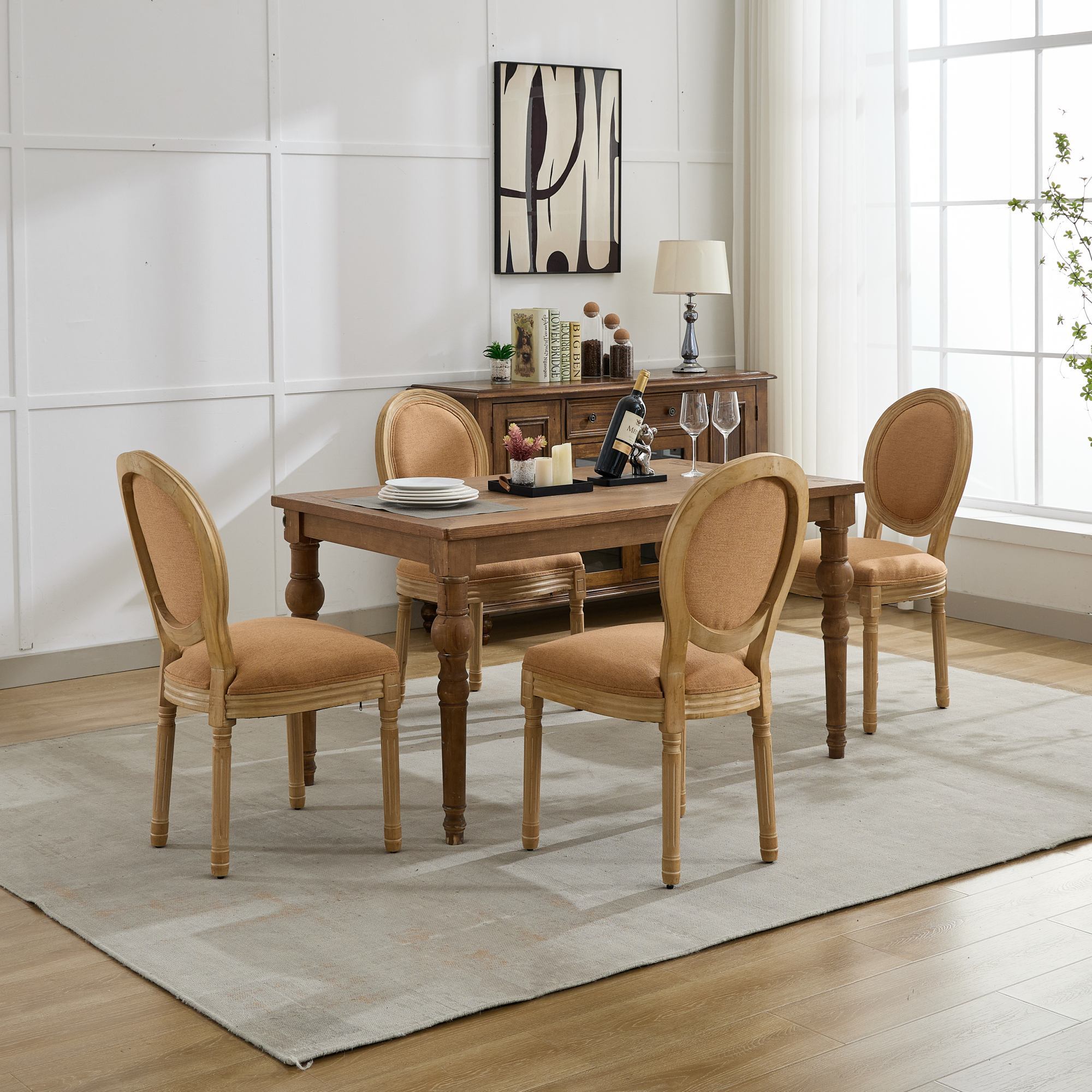 A&A Furniture,French Style Solid Wood Frame Antique Painting Linen Fabric Back Dining Chair,Set of 2,Tan,SW1845BG