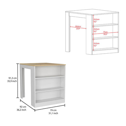 Tanna Kitchen Counter Dining Table ,Two Legs, Three Side Shelves -White / Light Oak