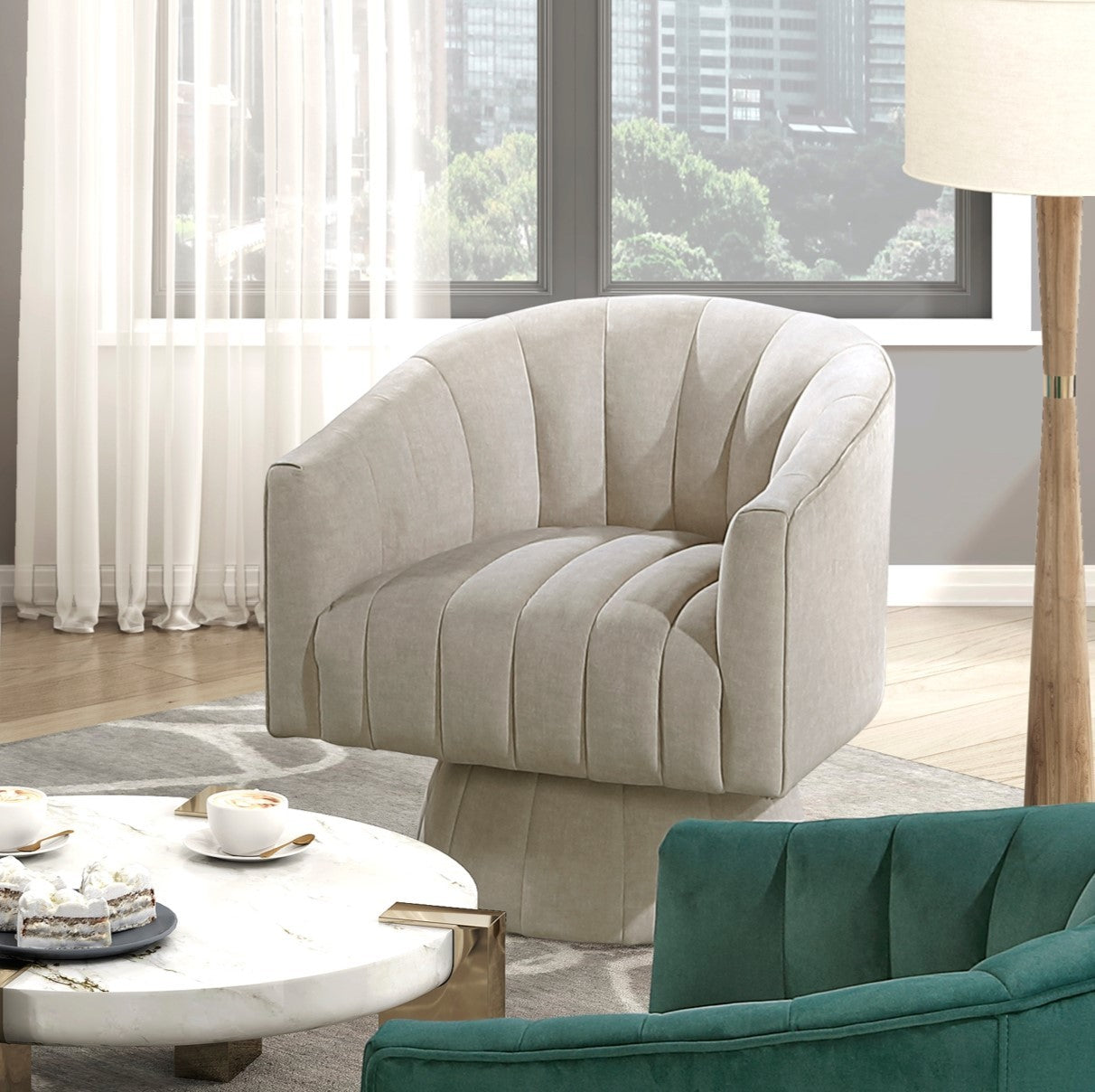 Taupe Velvet Accent Chair Modern Luxury Living Room Furniture, 1pc Swivel Chair Comfortable Barrel Back