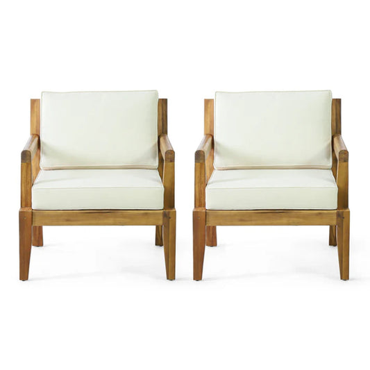 Set of 2, Outdoor Acacia Wood Patio Club Chair, Patio Furniture,Waterproof Thick Cushion Deep Seating for Porch, Garden, Backyard, Balcony, Teak Finish + Beige Cushion
