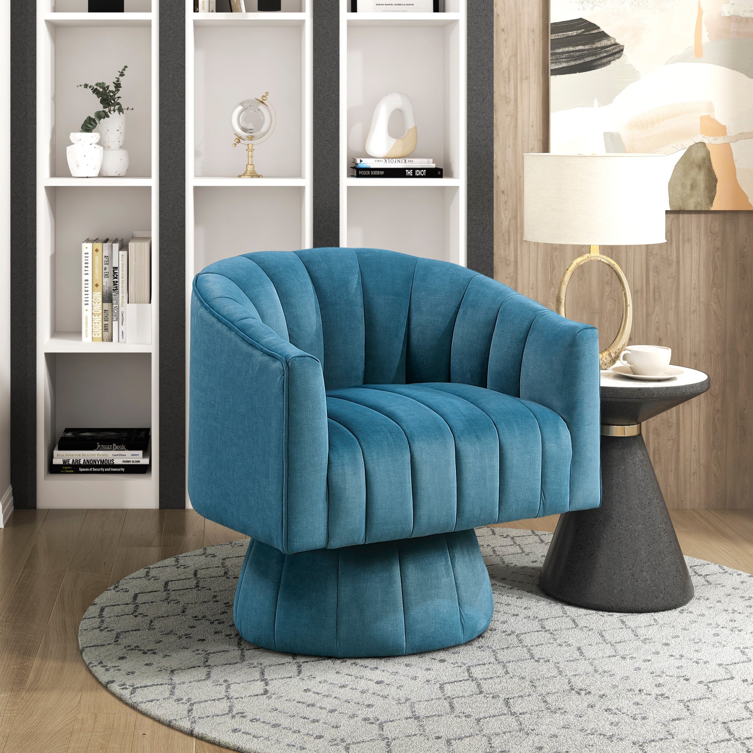 Dark Teal Velvet Accent Chair Modern Luxury Living Room Furniture, 1pc Swivel Chair Comfortable Barrel Back