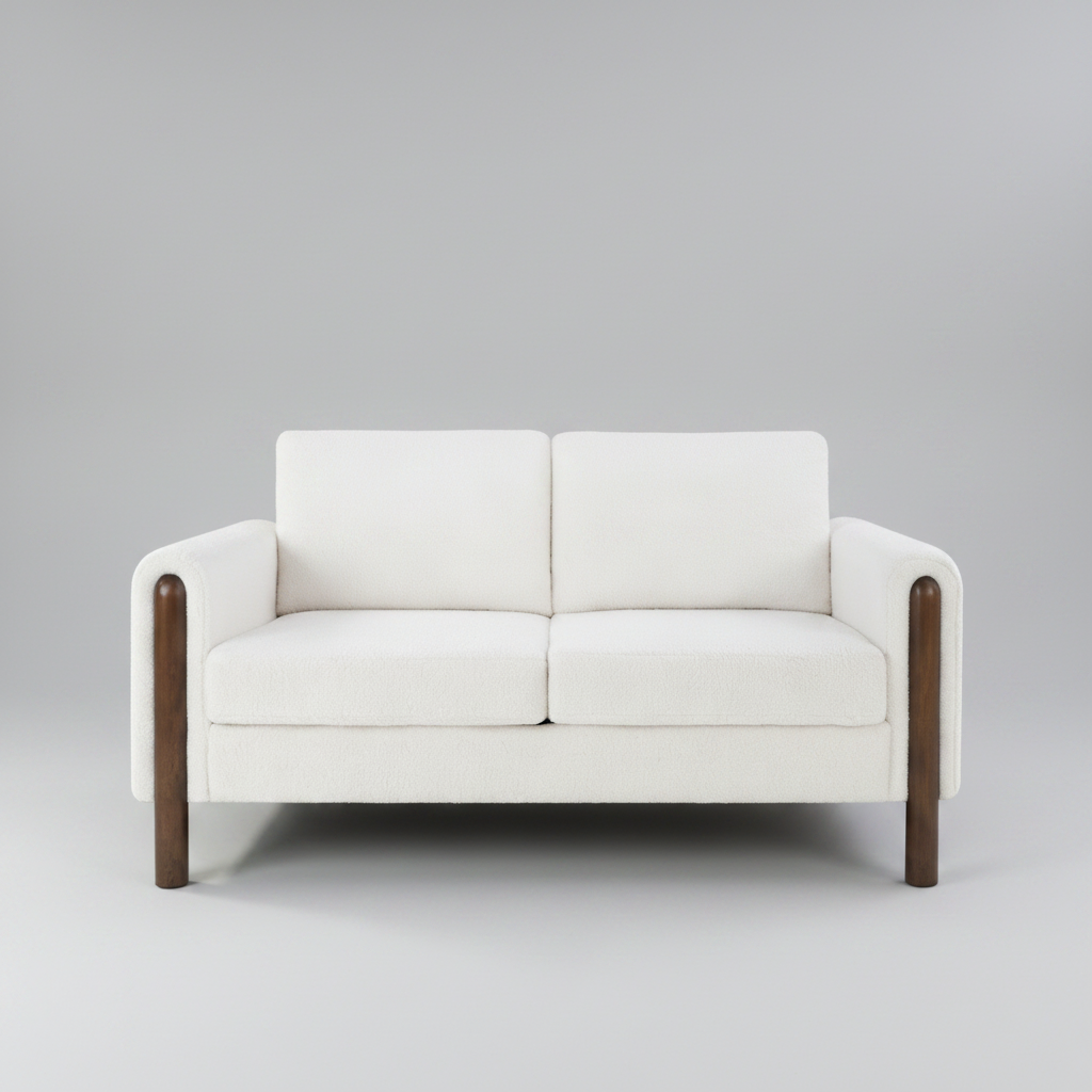 White sofa with wooden armrests on a gray background