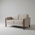 Beige sofa with wooden armrests on a light gray background