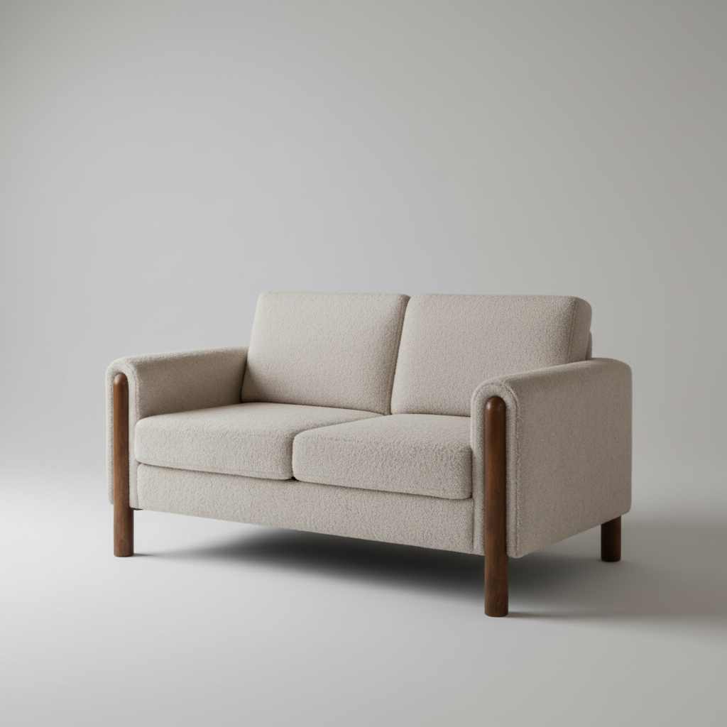Beige sofa with wooden armrests on a light gray background
