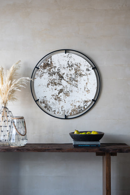 D31.5x0.5" Theodor Mirror with industrial design Round Mirror with Metal Frame for Wall Decor & Entryway Console Lean Against Wall