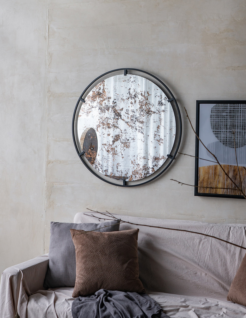 D31.5x0.5" Theodor Mirror with industrial design Round Mirror with Metal Frame for Wall Decor & Entryway Console Lean Against Wall