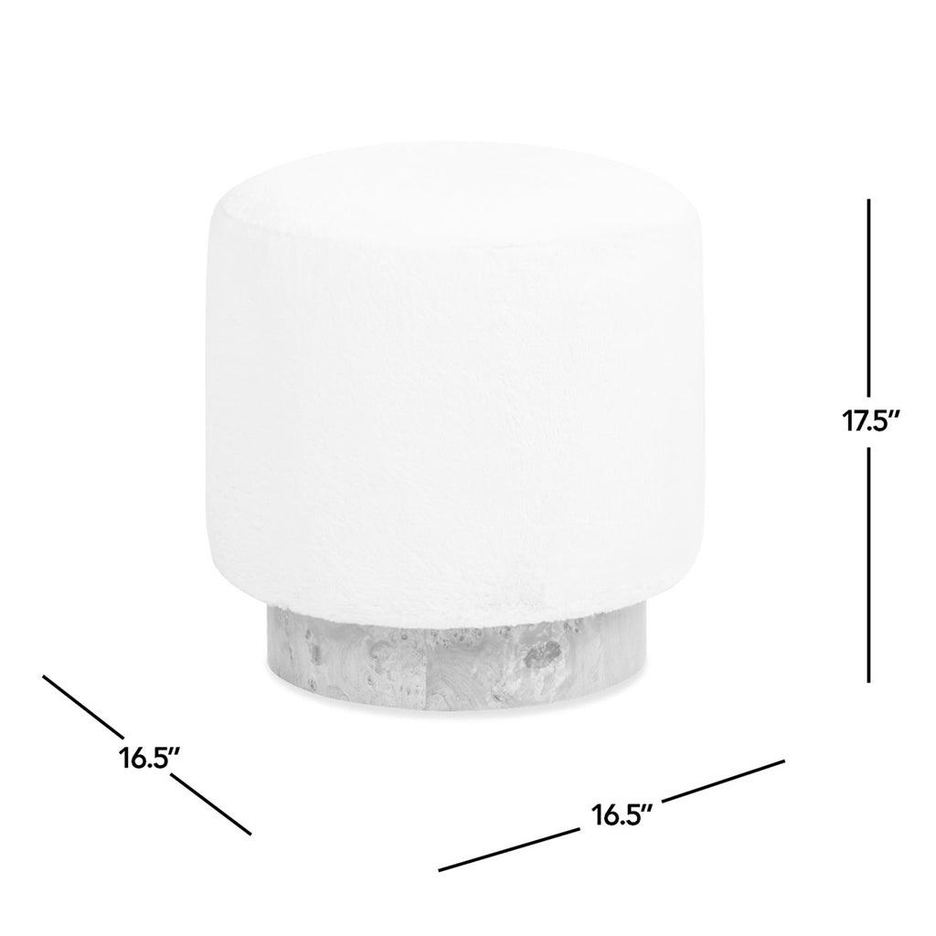 Tilly 16.5' Round Fur Upholstered & Burl Pouf Ottoman, Cottontail White Faux Fur