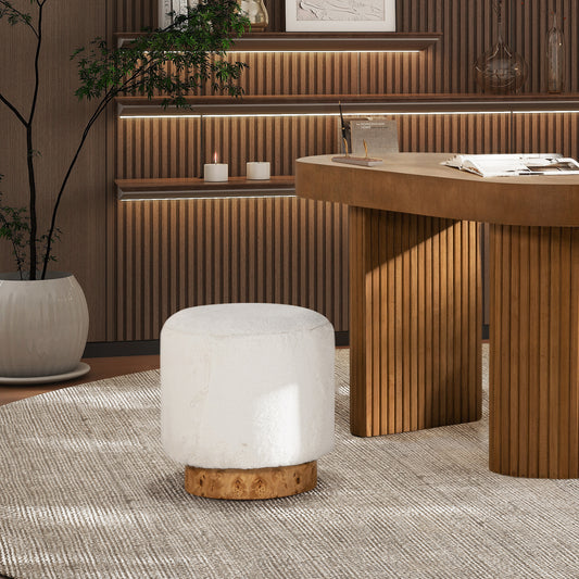 Tilly 16.5' Round Fur Upholstered & Burl Pouf Ottoman, Cottontail White Faux Fur