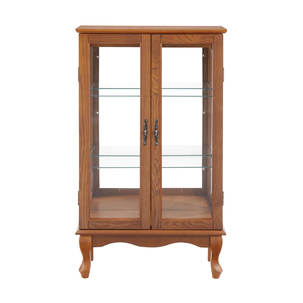 Elegant 2-Door Curio Cabinet with Tempered Glass Doors, Mirrored Back Panel, and Adjustable Shelves - Lighted Display Cabinet for Home and Office (Light Bulb Included) -OAK Finish