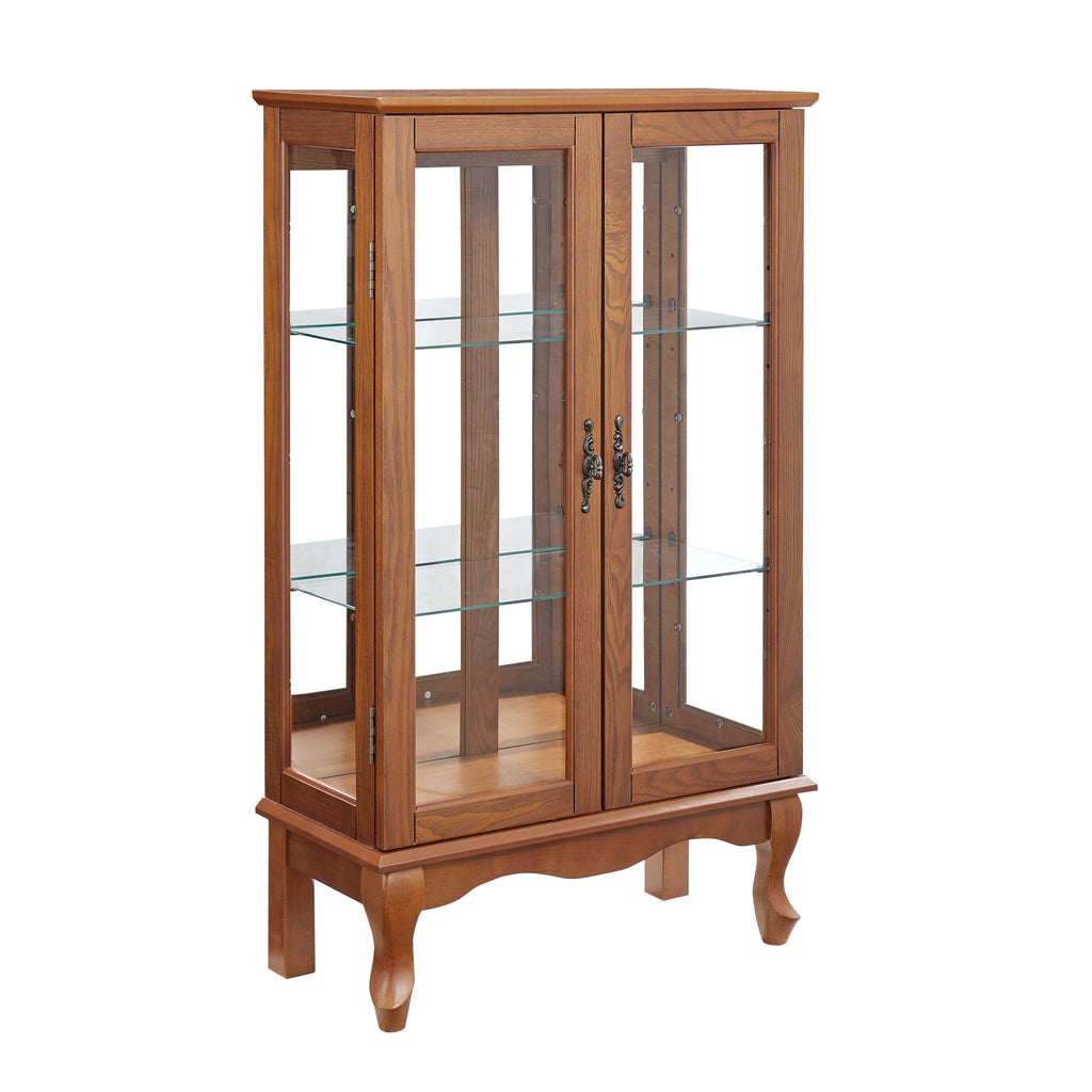 Elegant 2-Door Curio Cabinet with Tempered Glass Doors, Mirrored Back Panel, and Adjustable Shelves - Lighted Display Cabinet for Home and Office (Light Bulb Included) -OAK Finish