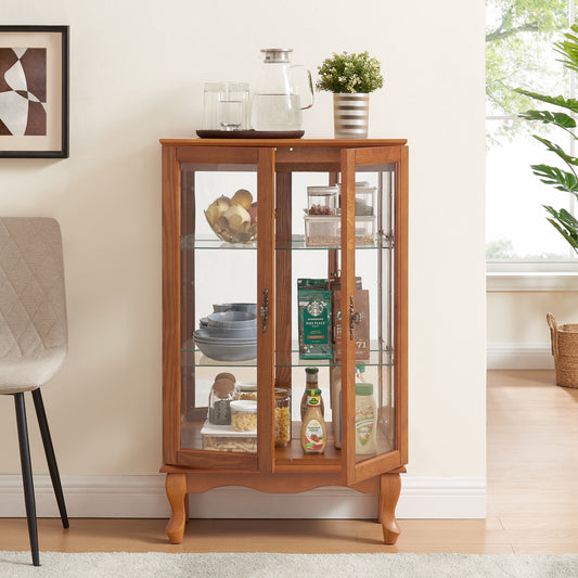 Elegant 2-Door Curio Cabinet with Tempered Glass Doors, Mirrored Back Panel, and Adjustable Shelves - Lighted Display Cabinet for Home and Office (Light Bulb Included) -OAK Finish