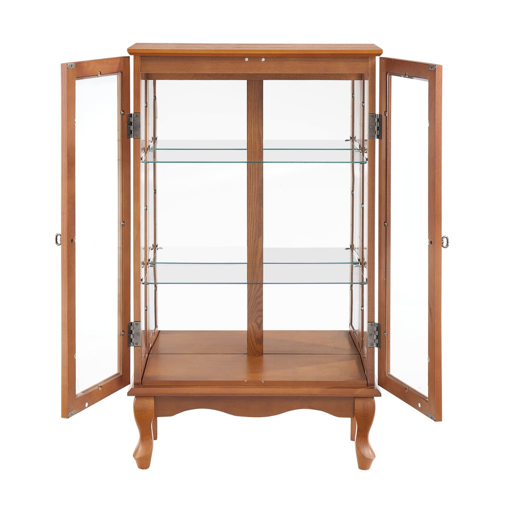 Elegant 2-Door Curio Cabinet with Tempered Glass Doors, Mirrored Back Panel, and Adjustable Shelves - Lighted Display Cabinet for Home and Office (Light Bulb Included) -OAK Finish