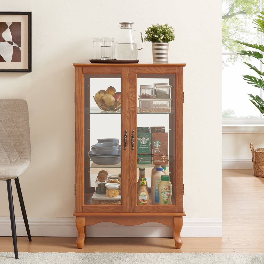 Elegant 2-Door Curio Cabinet with Tempered Glass Doors, Mirrored Back Panel, and Adjustable Shelves - Lighted Display Cabinet for Home and Office (Light Bulb Included) -OAK Finish