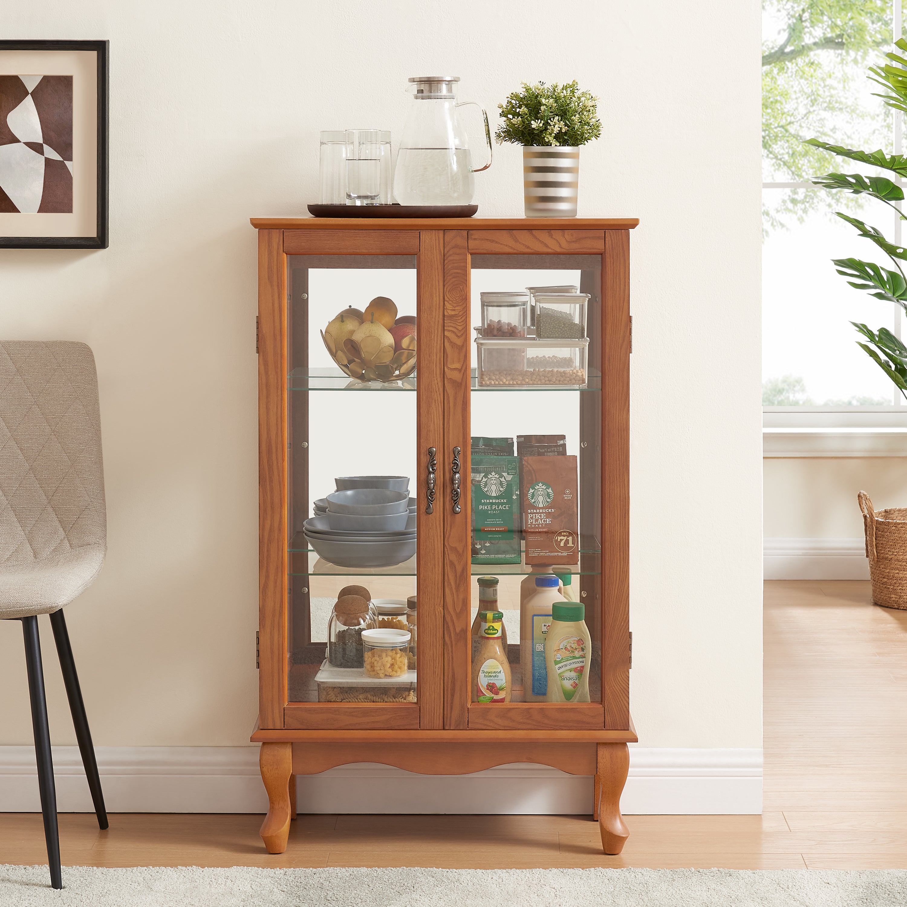 Elegant 2-Door Curio Cabinet with Tempered Glass Doors, Mirrored Back Panel, and Adjustable Shelves - Lighted Display Cabinet for Home and Office (Light Bulb Included) -OAK Finish