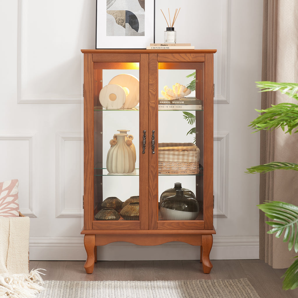 Elegant 2-Door Curio Cabinet with Tempered Glass Doors, Mirrored Back Panel, and Adjustable Shelves - Lighted Display Cabinet for Home and Office (Light Bulb Included) -OAK Finish