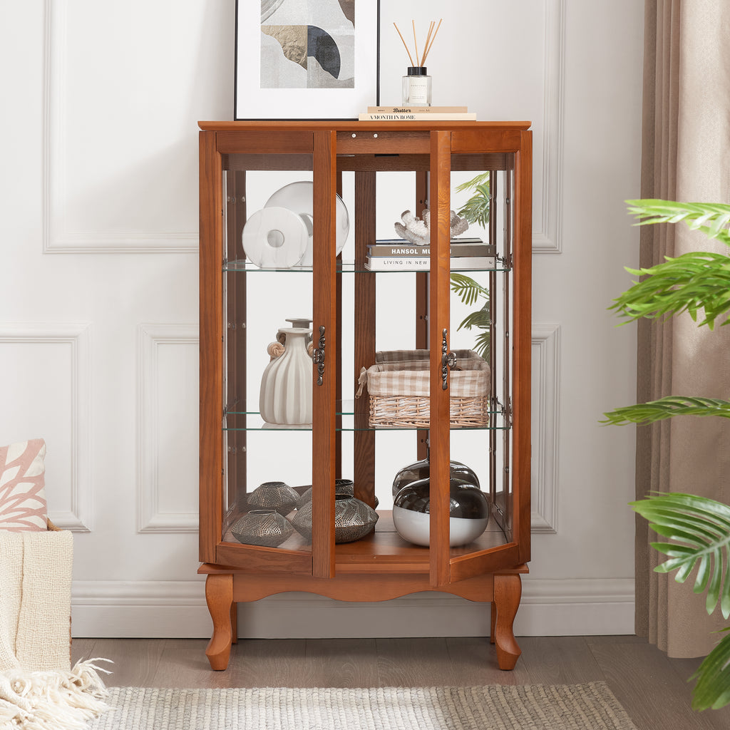 Elegant 2-Door Curio Cabinet with Tempered Glass Doors, Mirrored Back Panel, and Adjustable Shelves - Lighted Display Cabinet for Home and Office (Light Bulb Included) -OAK Finish