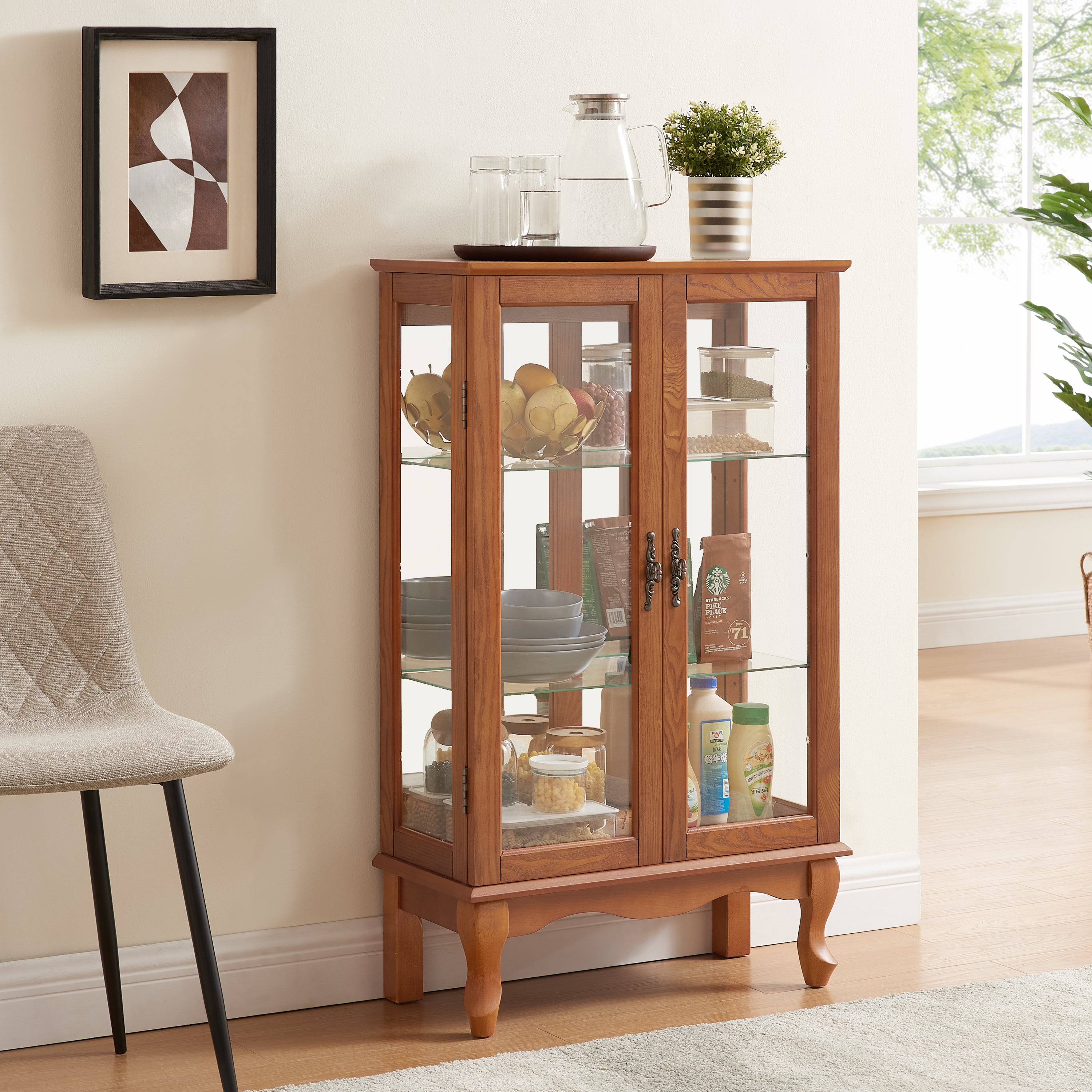 Elegant 2-Door Curio Cabinet with Tempered Glass Doors, Mirrored Back Panel, and Adjustable Shelves - Lighted Display Cabinet for Home and Office (Light Bulb Included) -OAK Finish