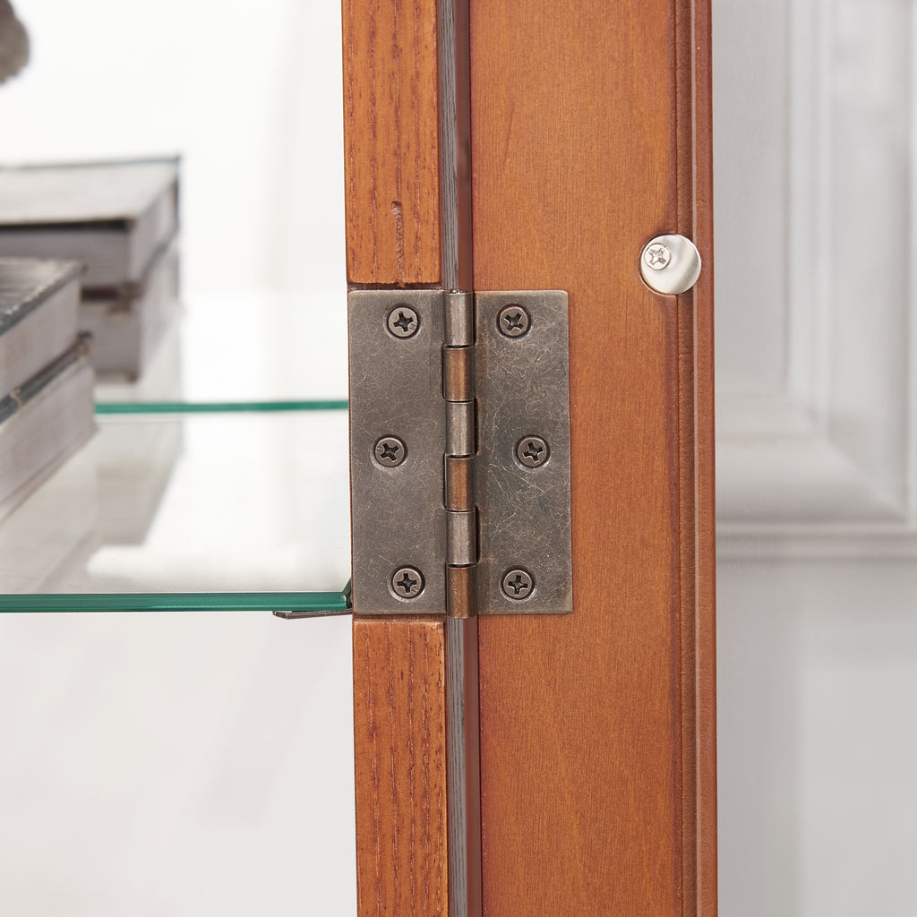 Elegant 2-Door Curio Cabinet with Tempered Glass Doors, Mirrored Back Panel, and Adjustable Shelves - Lighted Display Cabinet for Home and Office (Light Bulb Included) -OAK Finish