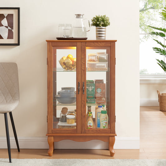 Elegant 2-Door Curio Cabinet with Tempered Glass Doors, Mirrored Back Panel, and Adjustable Shelves - Lighted Display Cabinet for Home and Office (Light Bulb Included) -OAK Finish