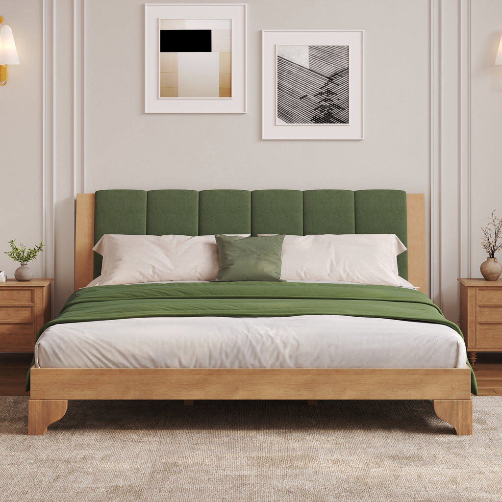 Premium Pine Wood King Bed Frame,King Size Bed Frame with Headboard Included,Mid Century Modern Bed,Natural&Green Color Bed Frame
