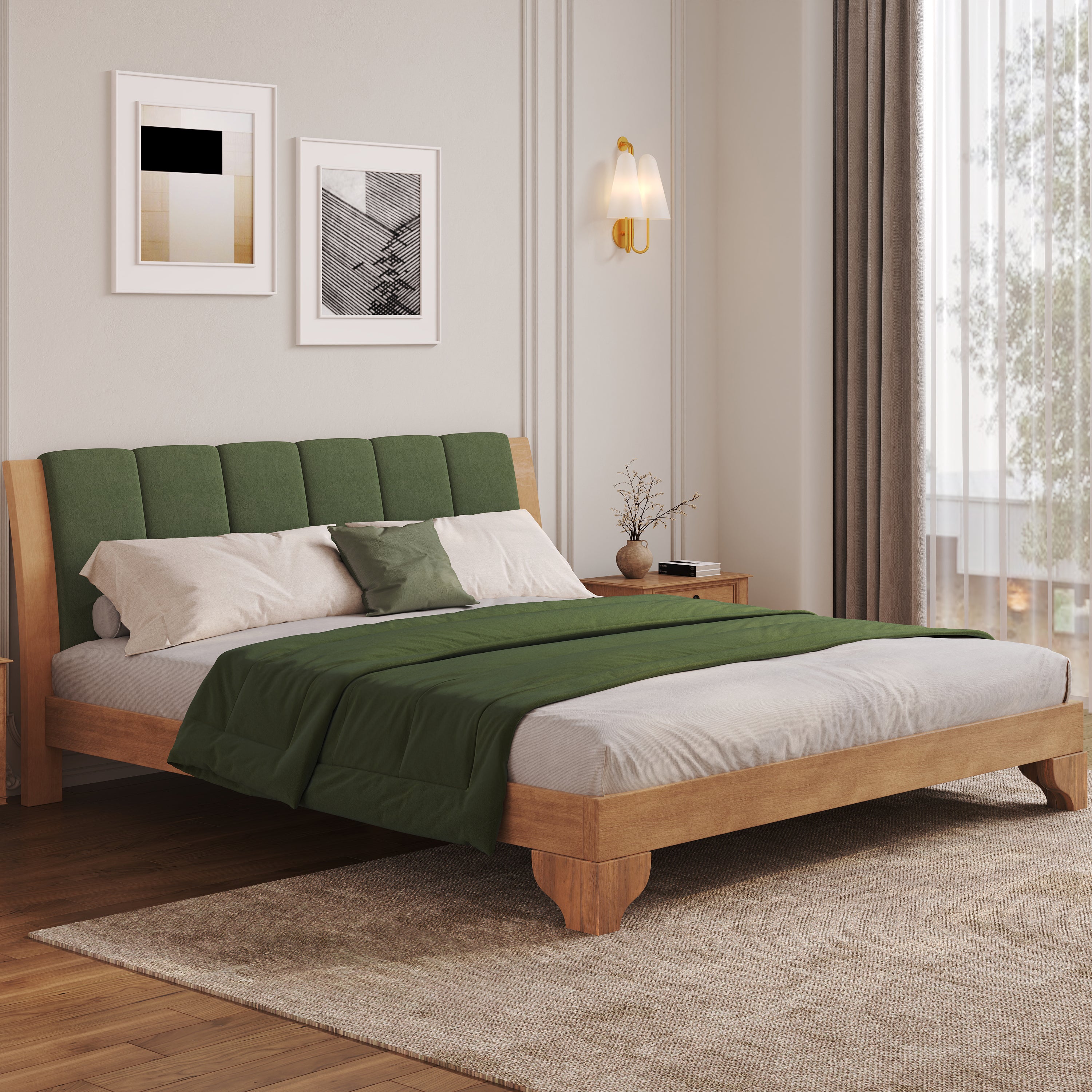 Premium Pine Wood King Bed Frame,King Size Bed Frame with Headboard Included,Mid Century Modern Bed,Natural&Green Color Bed Frame