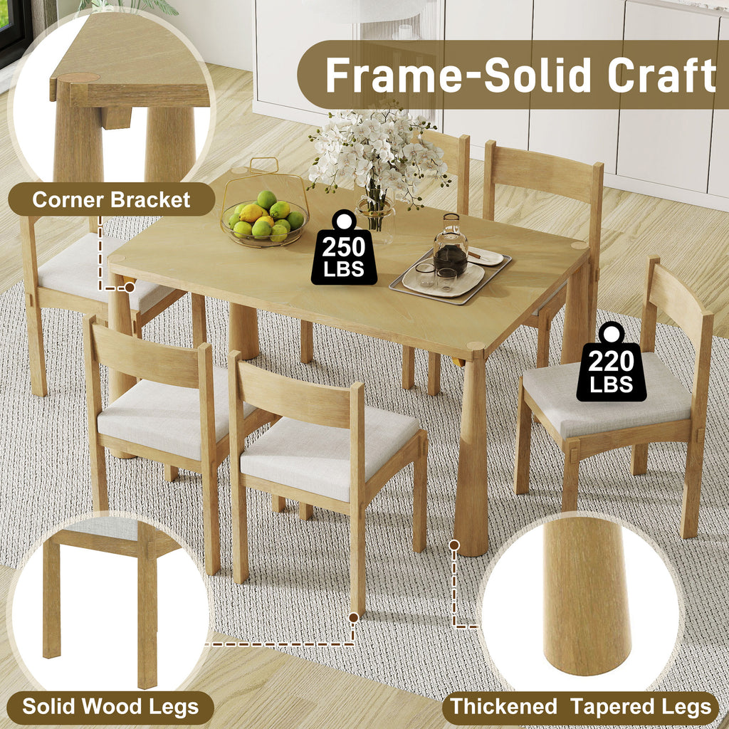 TREXM 7-Piece Retro Dining Table Set for 6, Wood Dining Table Set for 6 with Upholstered Chairs for kitchen & Dining Room (Natural Wood Wash)