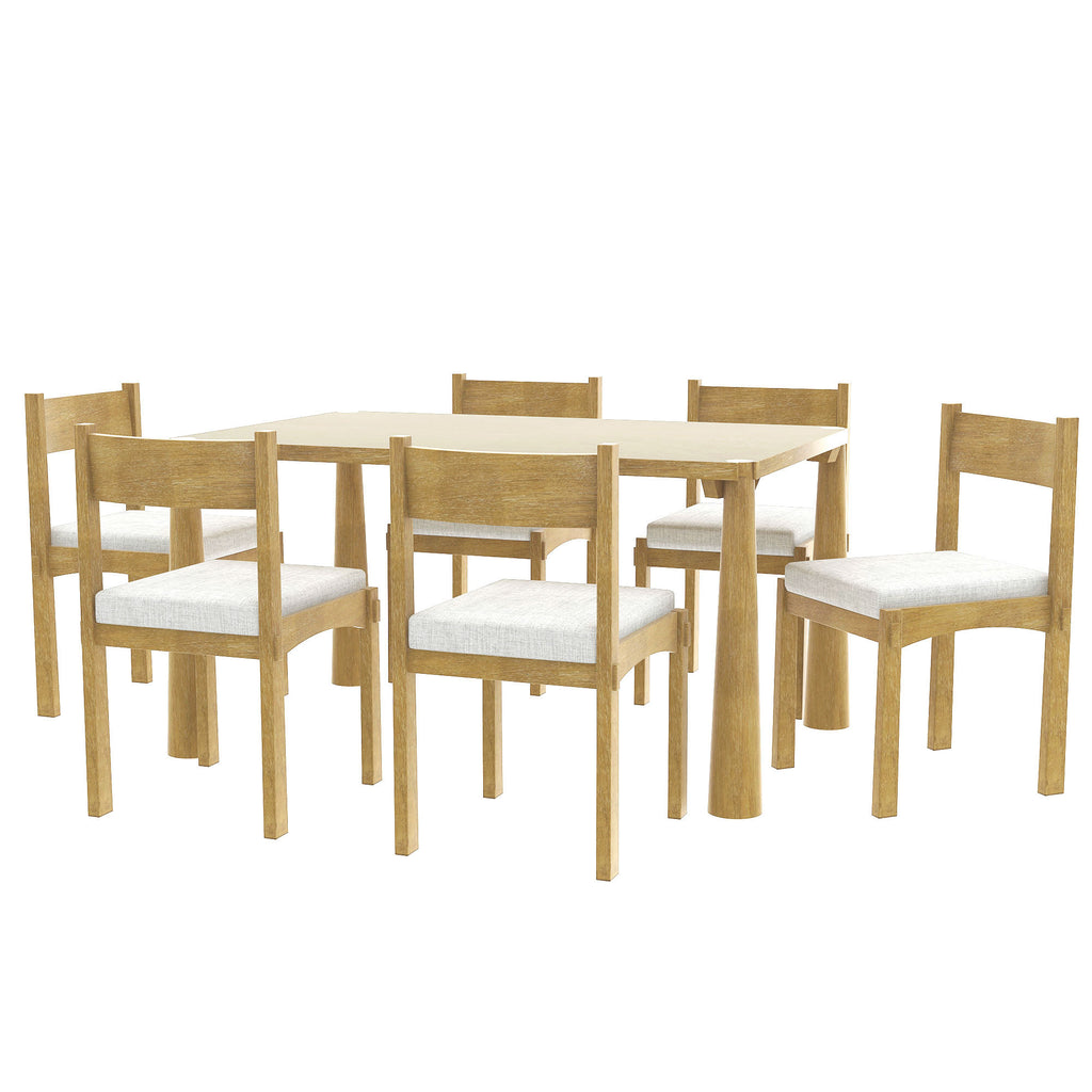 TREXM 7-Piece Retro Dining Table Set for 6, Wood Dining Table Set for 6 with Upholstered Chairs for kitchen & Dining Room (Natural Wood Wash)
