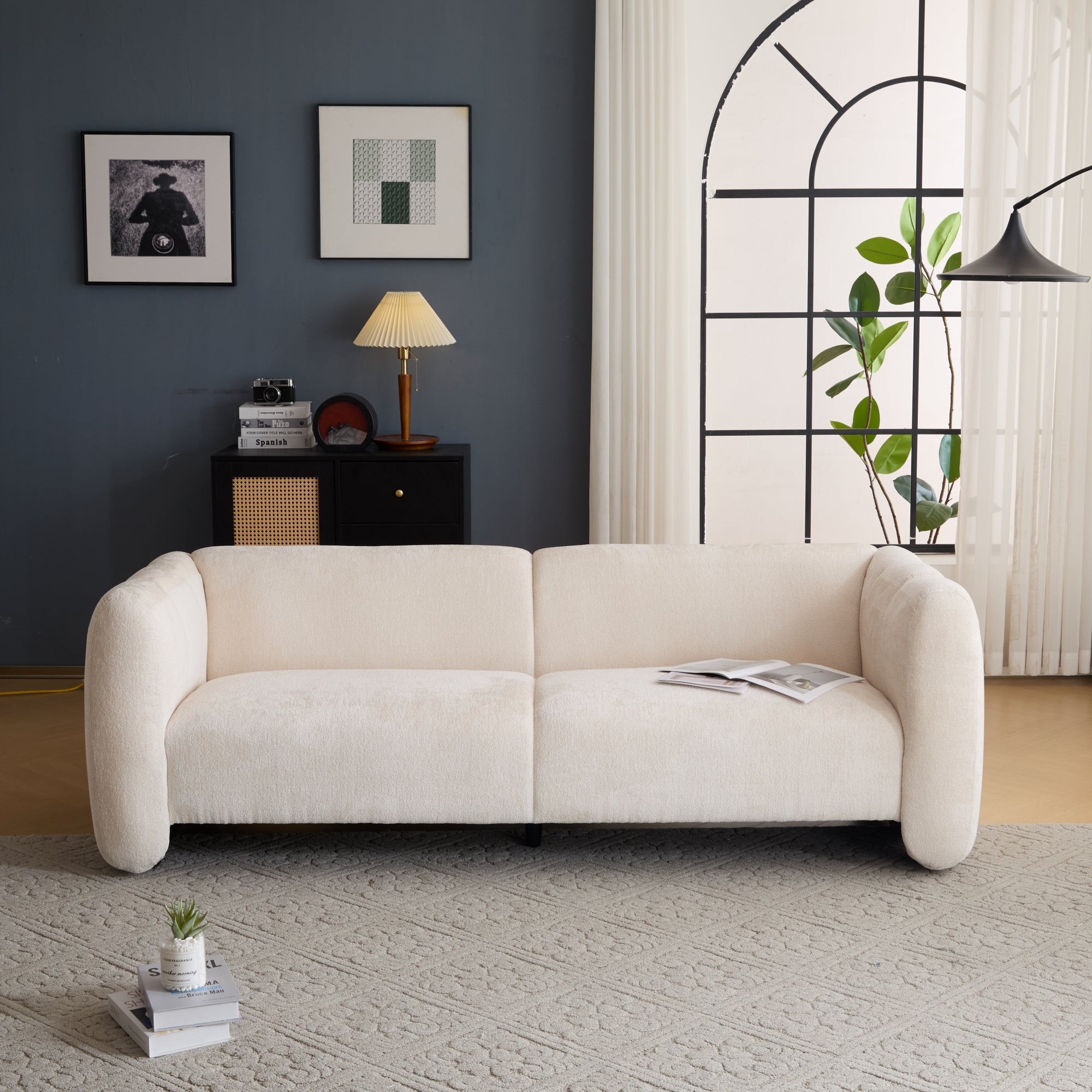 Tonson Wave Design 3-Seater Sofa, Beige Fabric, 83 Inches Sofa