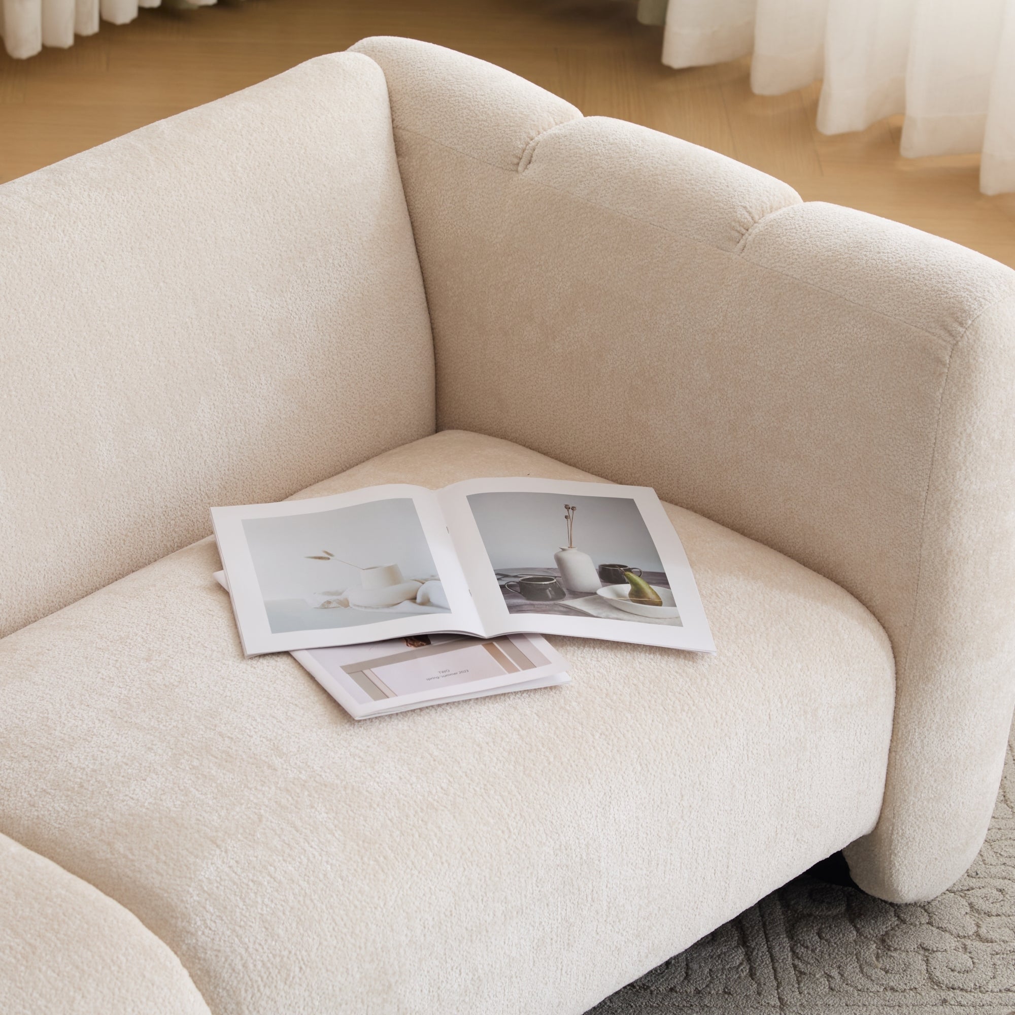 Tonson Wave Design 3-Seater Sofa, Beige Fabric, 83 Inches Sofa