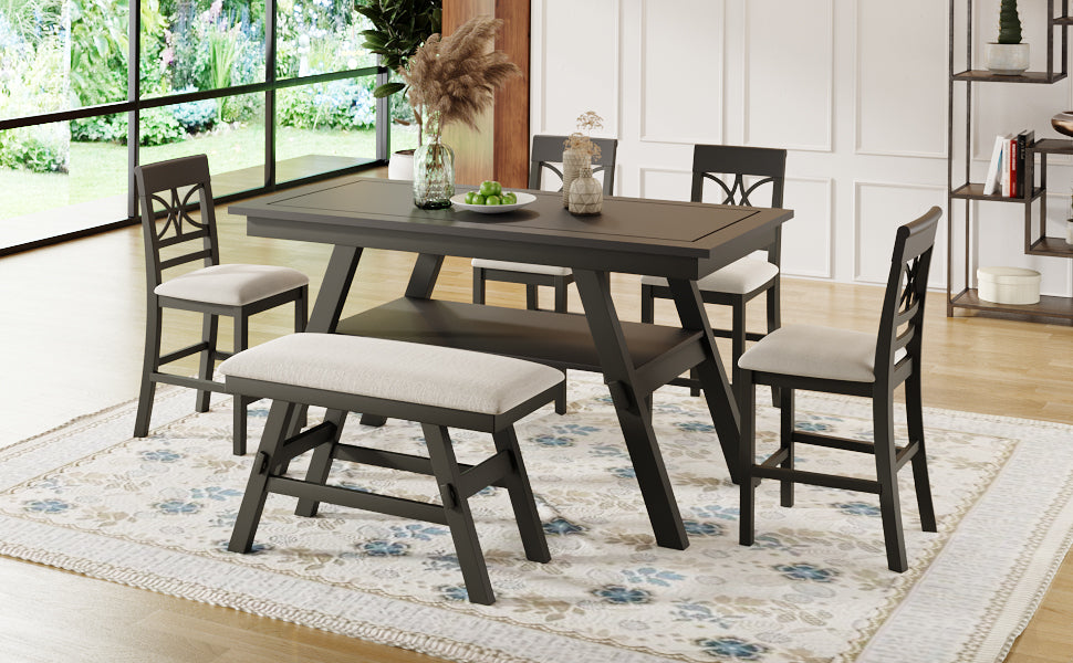 TOPMAX 6-Piece Wood Counter Height Dining Table Set with Storage Shelf, Kitchen Table Set with Bench and 4 Chairs,Rustic Style,Espresso+Beige Cushion (old sku: SH000257AAP)
