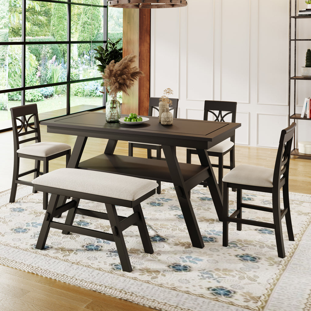 TOPMAX 6-Piece Wood Counter Height Dining Table Set with Storage Shelf, Kitchen Table Set with Bench and 4 Chairs,Rustic Style,Espresso+Beige Cushion (old sku: SH000257AAP)