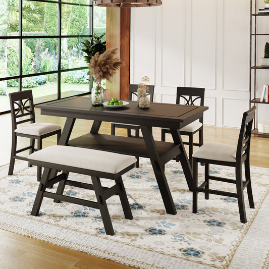 TOPMAX 6-Piece Wood Counter Height Dining Table Set with Storage Shelf, Kitchen Table Set with Bench and 4 Chairs,Rustic Style,Espresso+Beige Cushion (old sku: SH000257AAP)