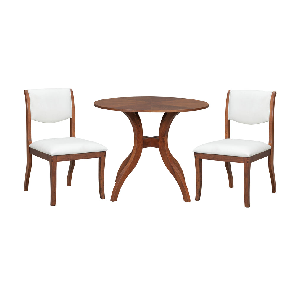 Walnut Dining Table Set:39.4' Round Table + 2 Chairs - Traditional Solid Wood Kitchen Set with Inlaid Tabletop, Elegant Curved Legs for Dining Room