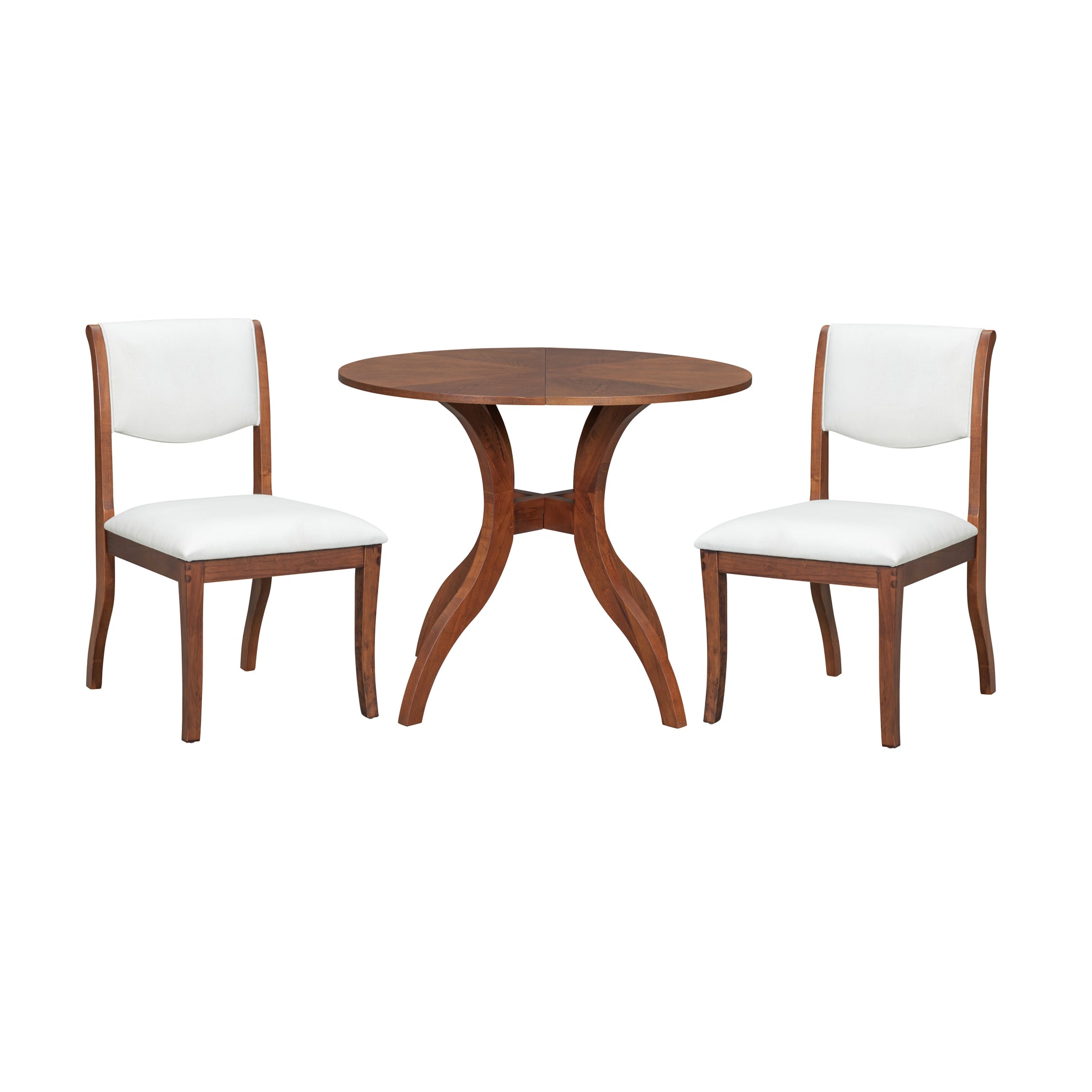 Walnut Dining Table Set:39.4' Round Table + 2 Chairs - Traditional Solid Wood Kitchen Set with Inlaid Tabletop, Elegant Curved Legs for Dining Room