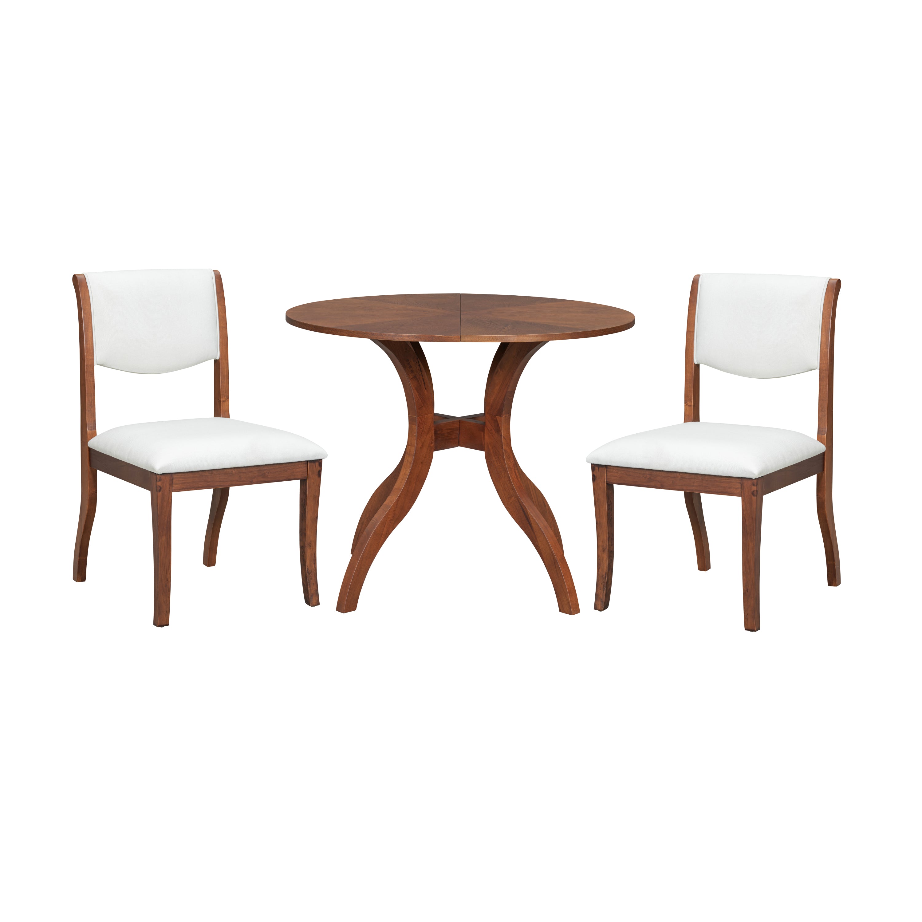 Walnut Dining Table Set:39.4' Round Table + 2 Chairs - Traditional Solid Wood Kitchen Set with Inlaid Tabletop, Elegant Curved Legs for Dining Room