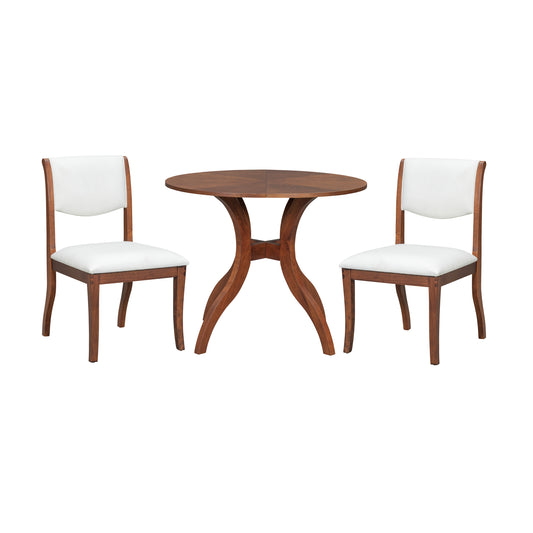 Walnut Dining Table Set:39.4' Round Table + 2 Chairs - Traditional Solid Wood Kitchen Set with Inlaid Tabletop, Elegant Curved Legs for Dining Room