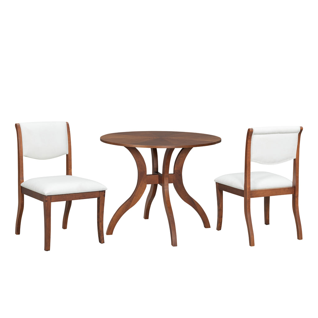 Walnut Dining Table Set:39.4' Round Table + 2 Chairs - Traditional Solid Wood Kitchen Set with Inlaid Tabletop, Elegant Curved Legs for Dining Room